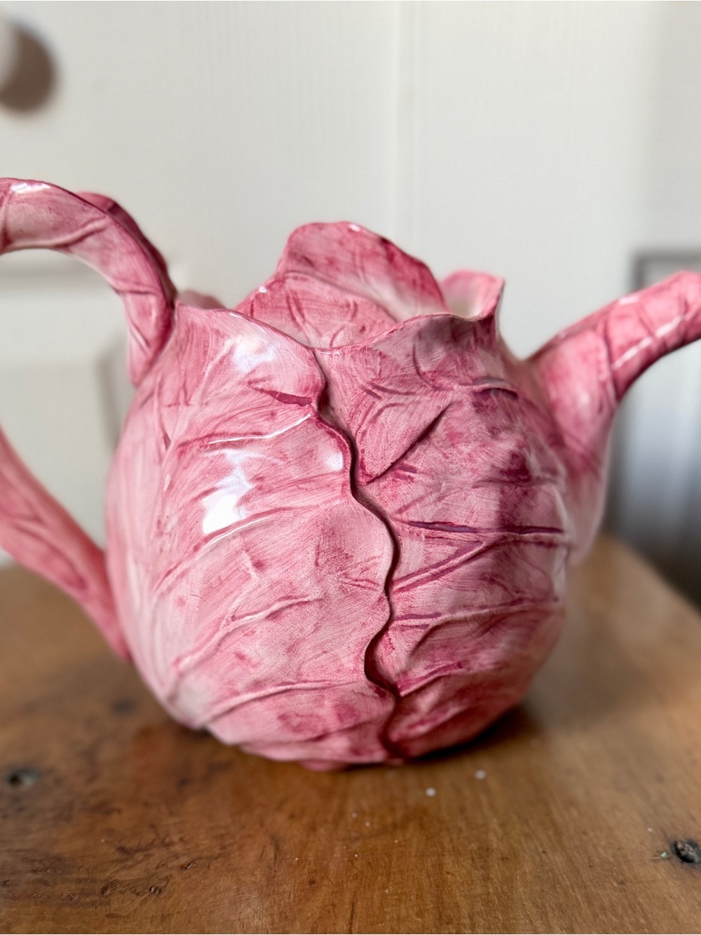 Fitz and Floyd 1989 Pink Cabbage-Leaf Ceramic Teapot